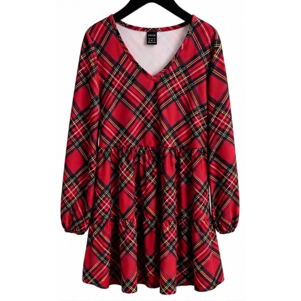 Shein Red Plaid V-Neck Tiered Babydoll Dress Long Sleeve Smock Mini Size 6 M